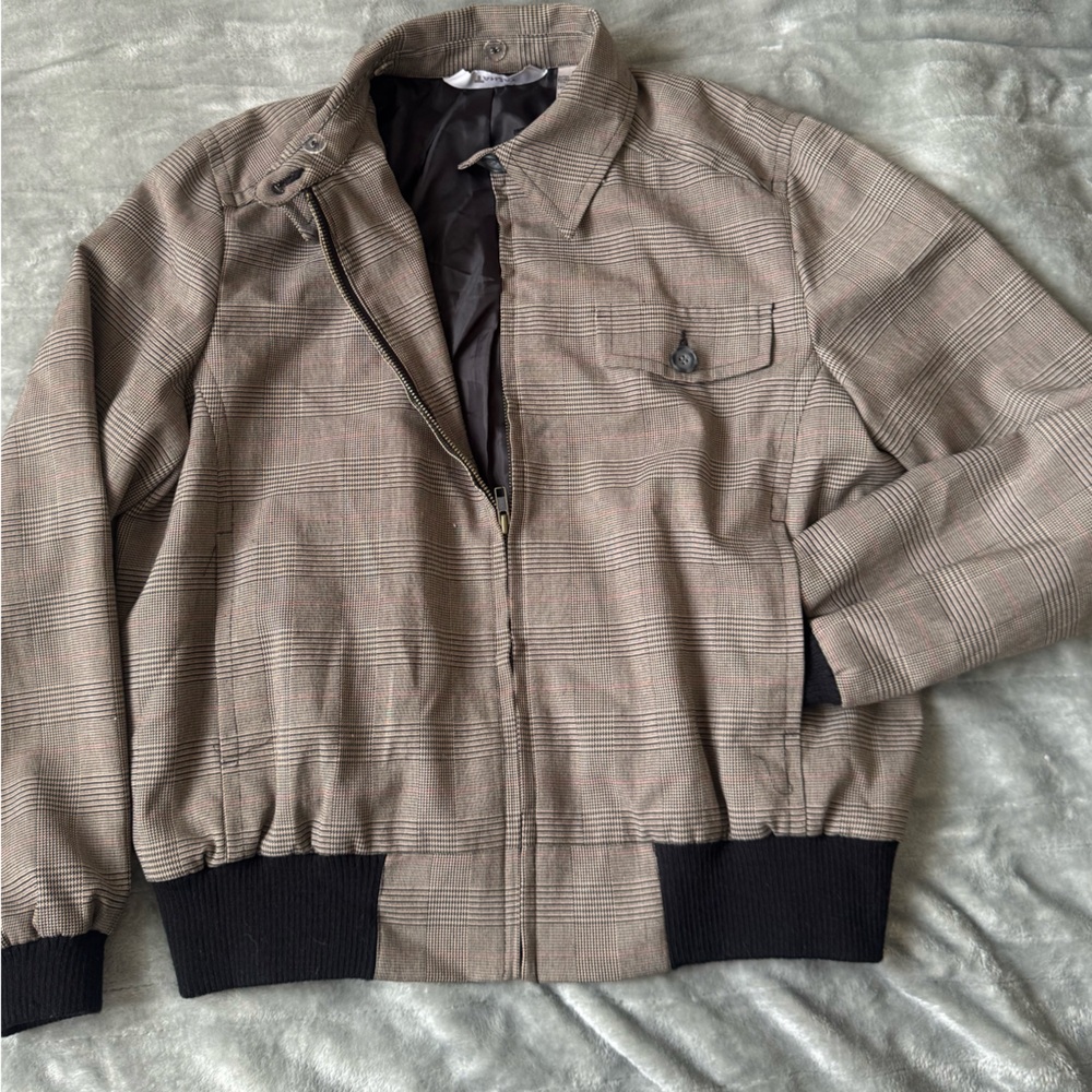 TanJay women’s Plaid Bomber Jacket in Taupe and Black Trim